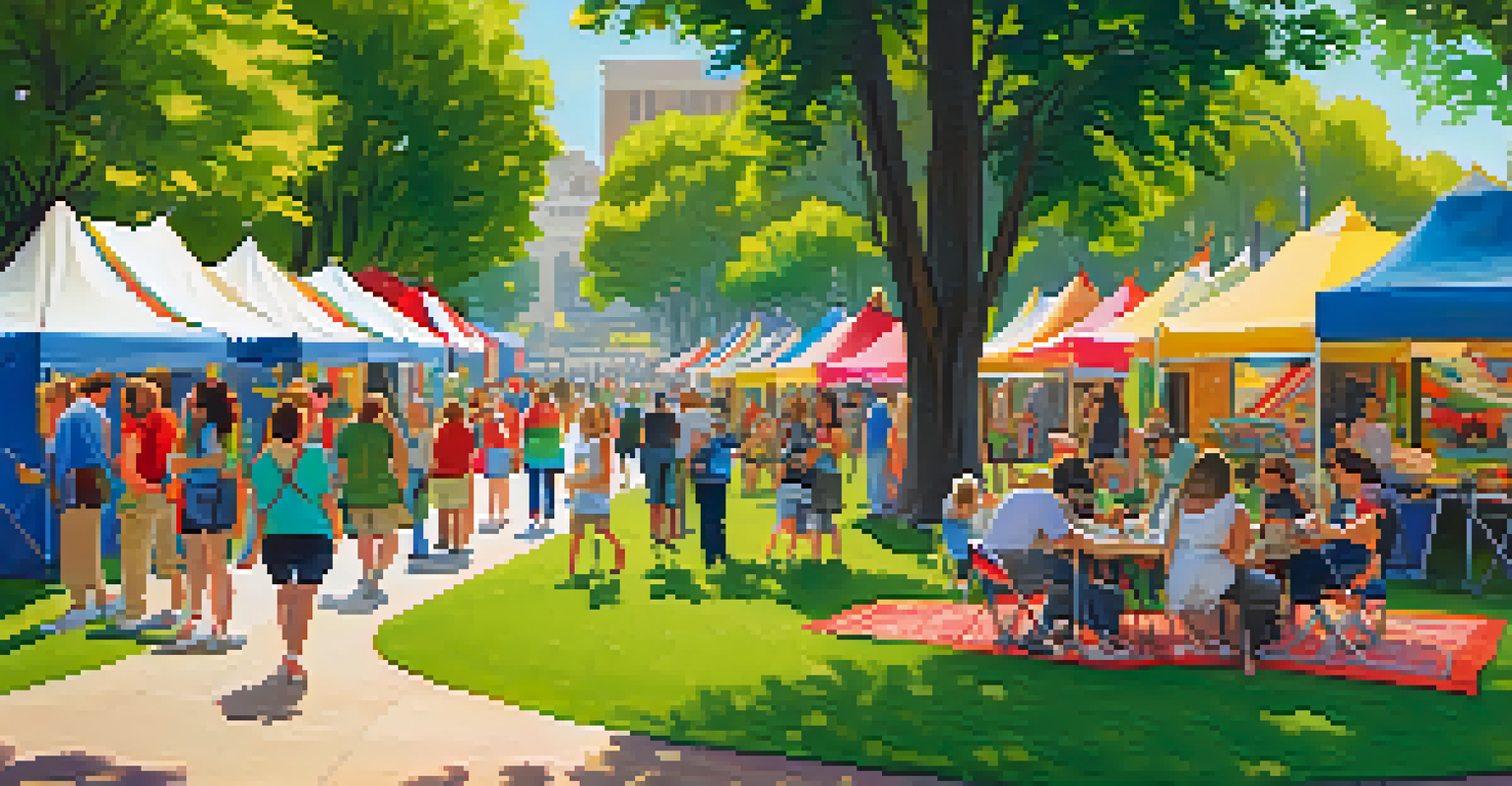 A sunny outdoor art fair in a park with local artists showcasing their work, families browsing, and colorful tents creating a festive atmosphere.