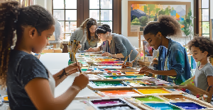 A lively art workshop with diverse participants painting on canvases, with natural light illuminating the space and an artist demonstrating techniques.