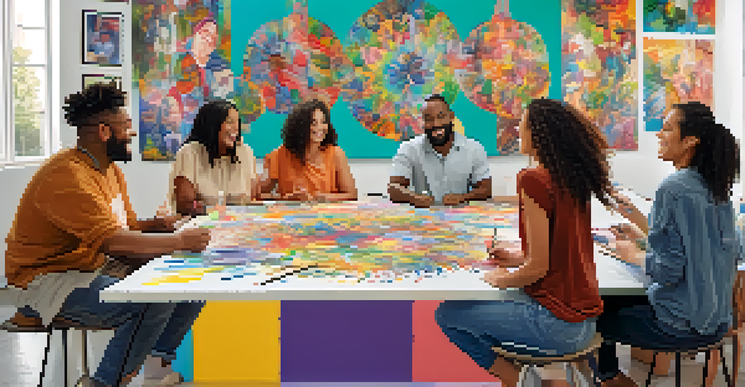 A diverse group of people engaged in a collaborative art therapy session creating a mural.