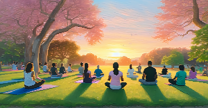 A peaceful park scene with people of different ages and backgrounds meditating during sunset, surrounded by lush greenery.