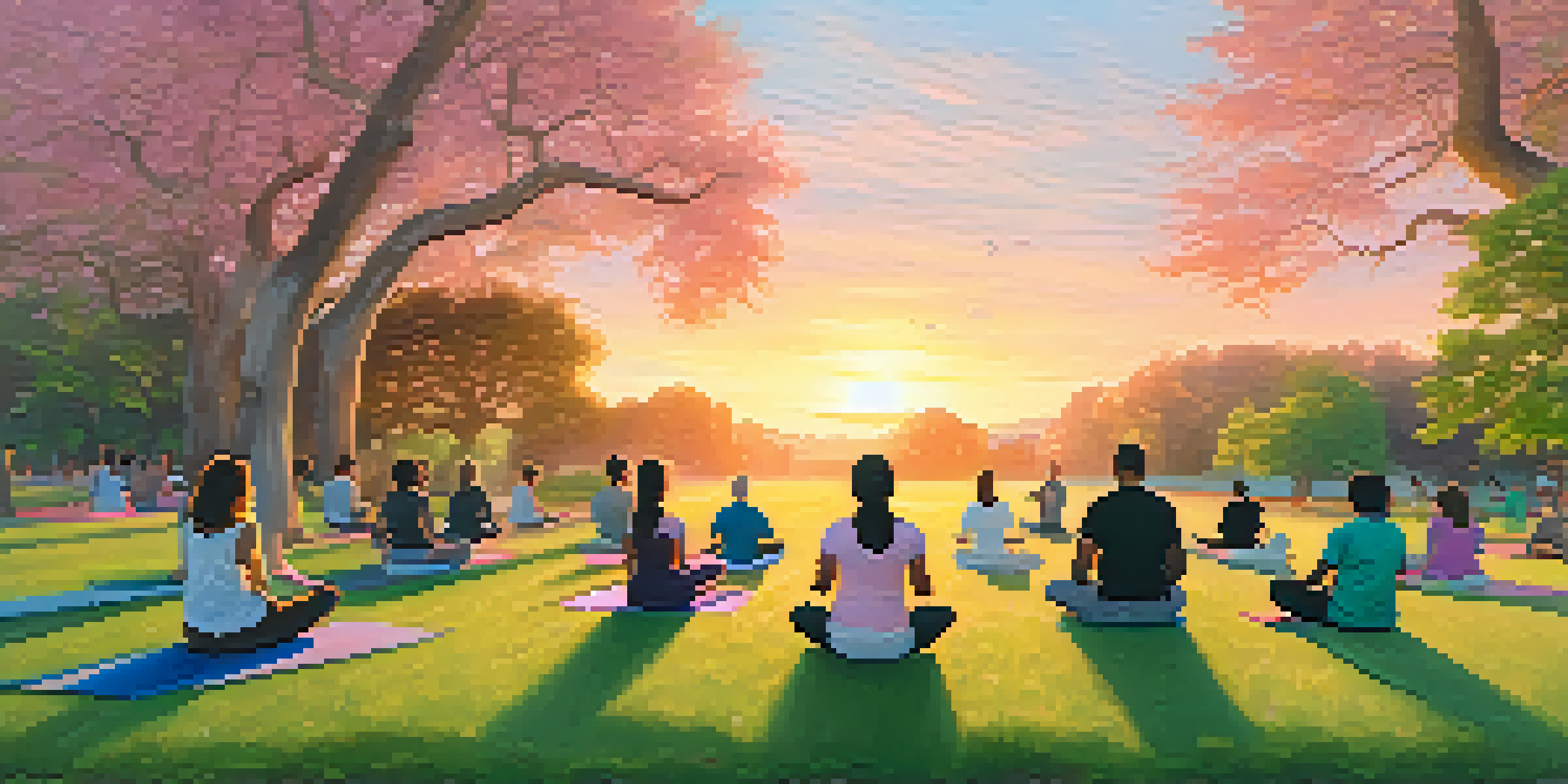 A peaceful park scene with people of different ages and backgrounds meditating during sunset, surrounded by lush greenery.