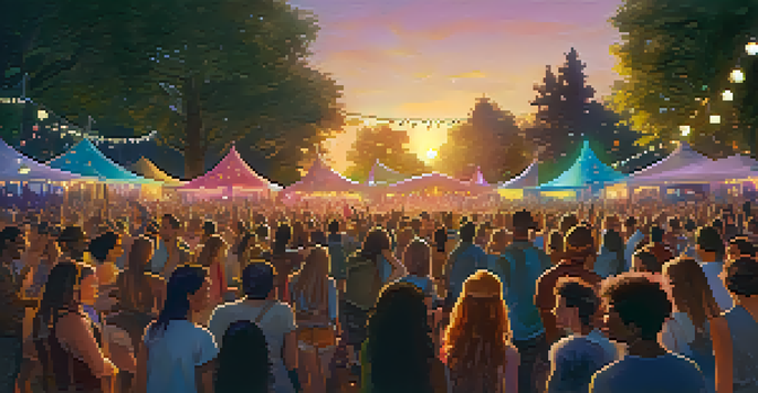 A lively outdoor music festival during sunset, with a diverse crowd enjoying performances and colorful lights illuminating the stage.