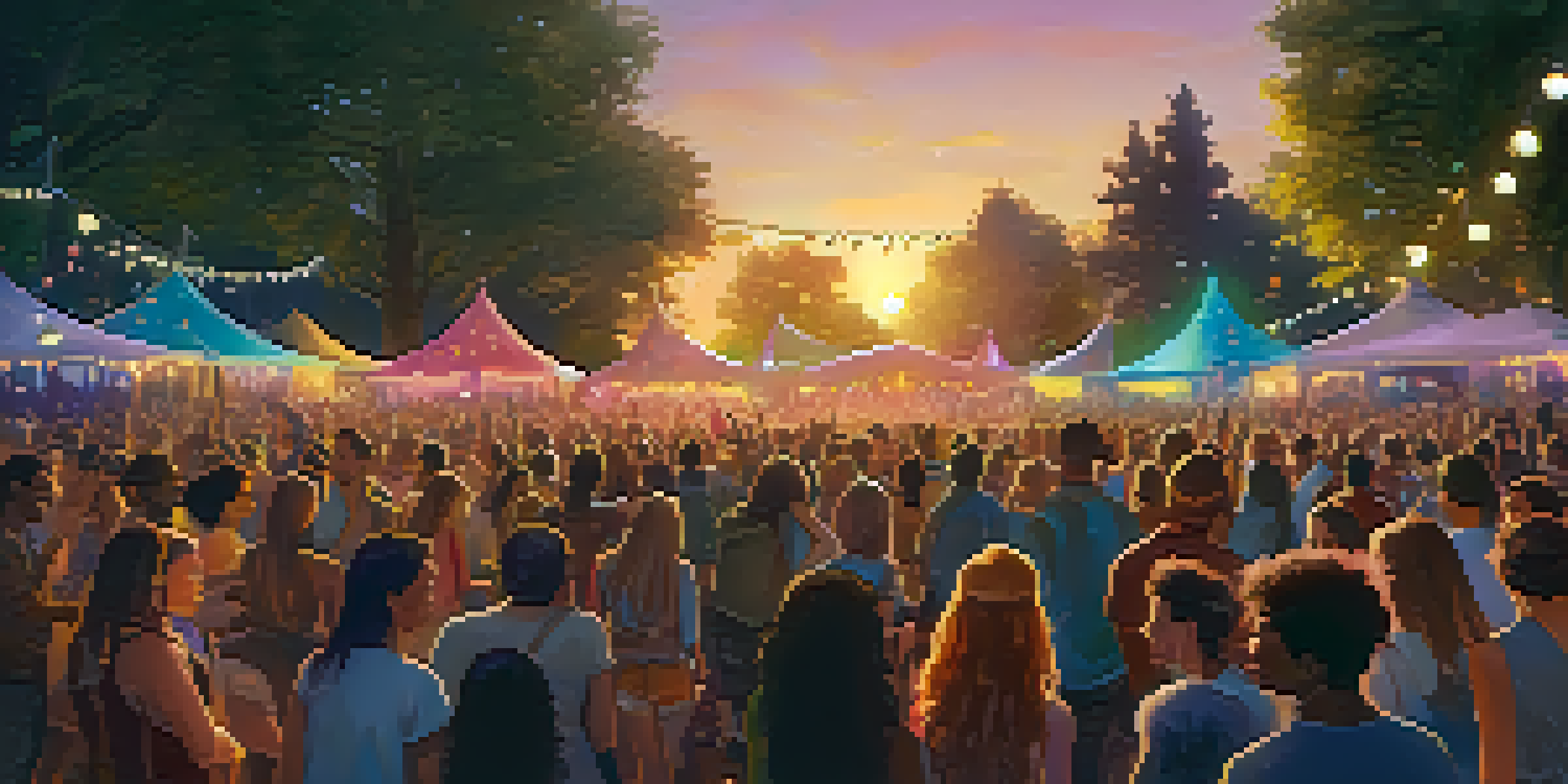 A lively outdoor music festival during sunset, with a diverse crowd enjoying performances and colorful lights illuminating the stage.