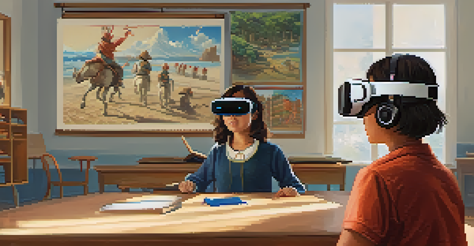 A student wearing virtual reality goggles in a classroom, exploring a cultural heritage lesson with an engaged teacher in the background.