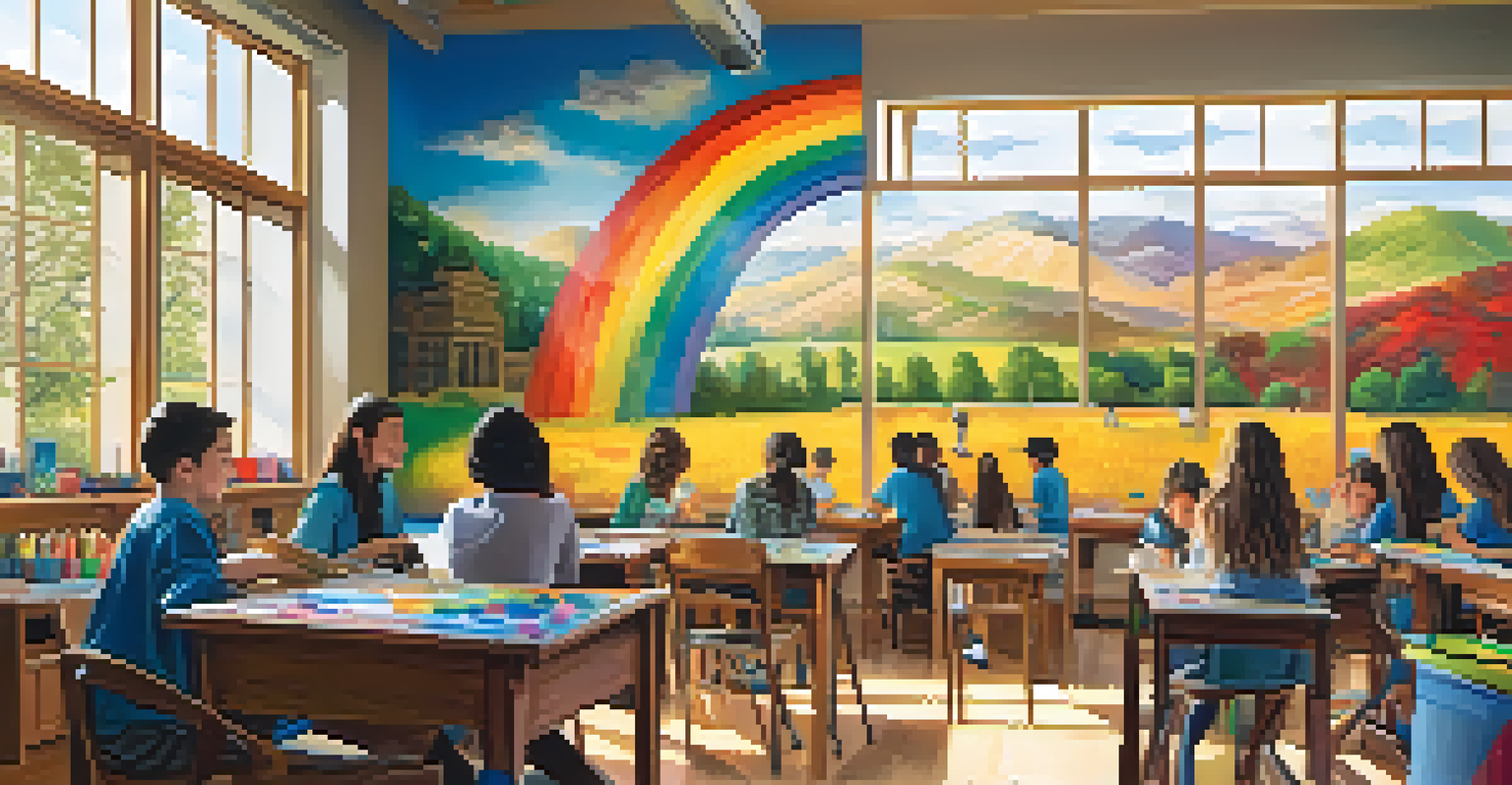 A lively classroom with students participating in art projects, featuring a colorful mural and sunlight streaming in.