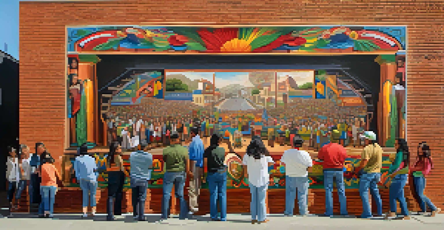 A colorful mural illustrating the history and culture of the Mexican-American community in San Jose, with people admiring it.