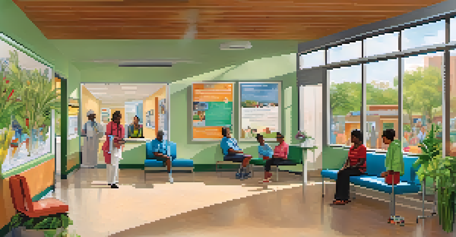A bright and welcoming waiting area in a community health clinic with patients and healthcare professionals interacting.