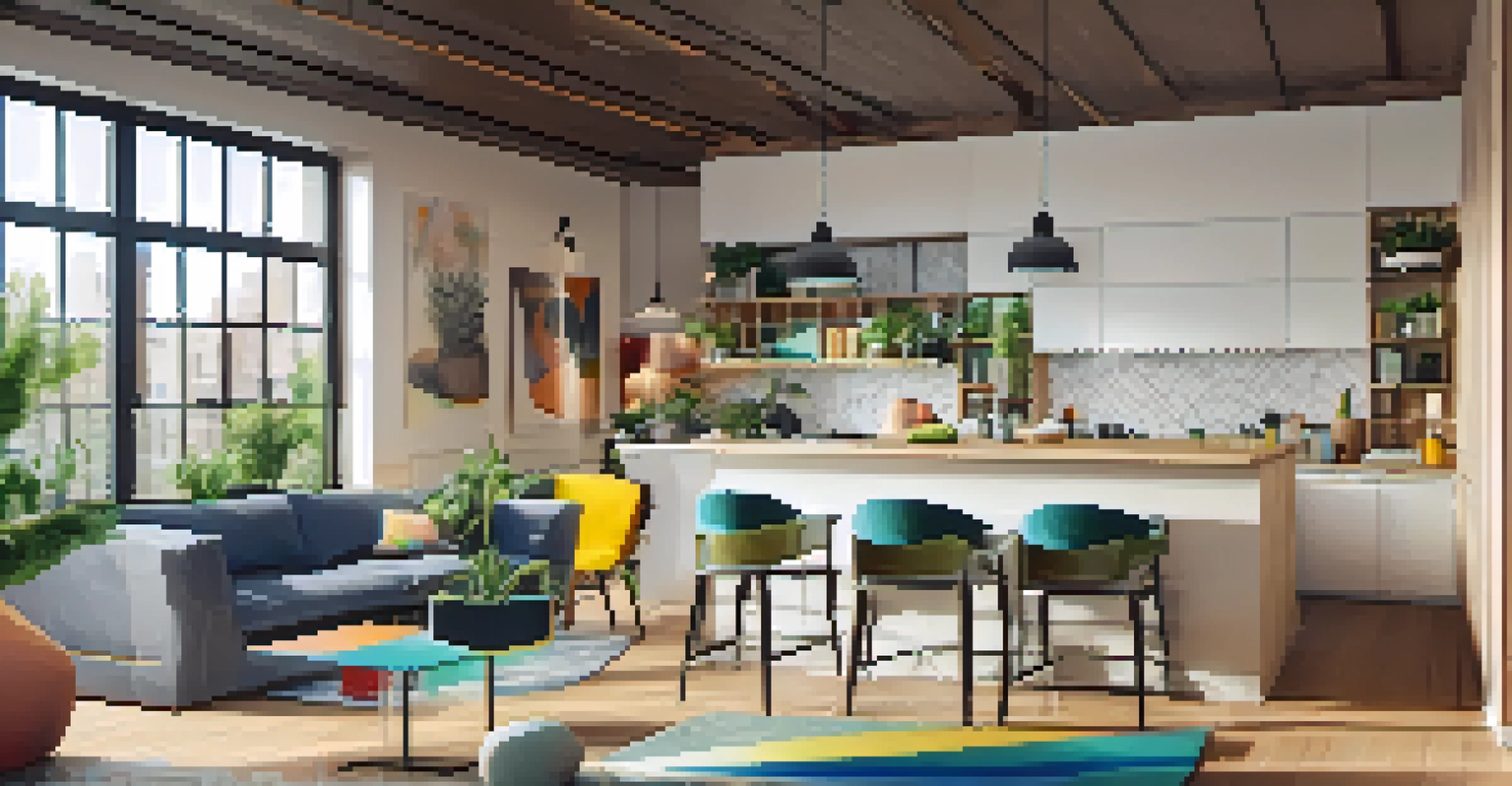 A modern co-living space interior with a communal kitchen and lounge, filled with young adults cooking and socializing.