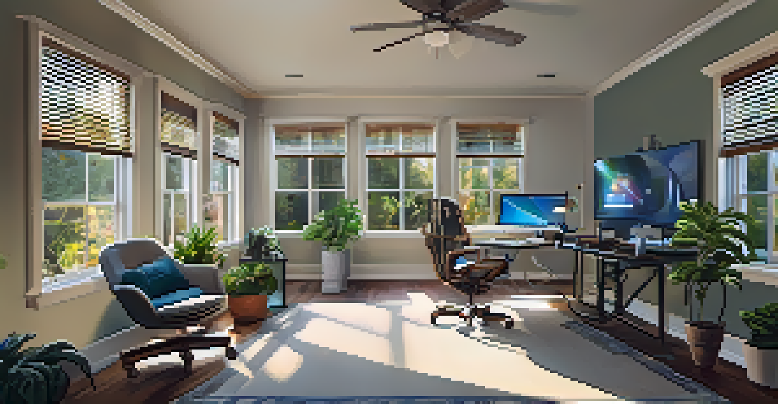 A comfortable home office for a disabled individual, featuring adaptive technology and a bright, inviting atmosphere.