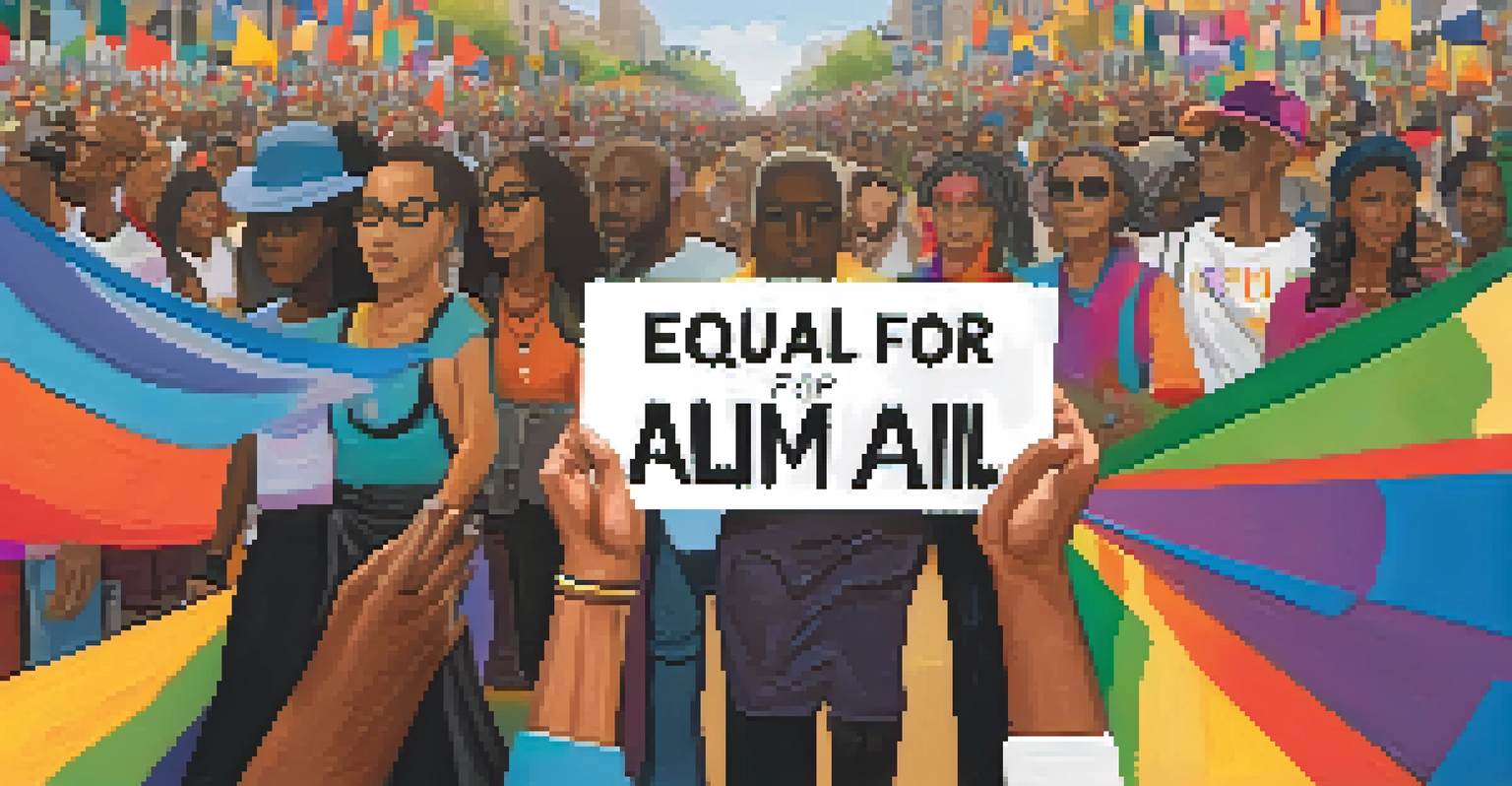 Close-up of hands holding a sign that reads 'Equal Rights for All' during an advocacy march, with blurred figures of participants in the background.