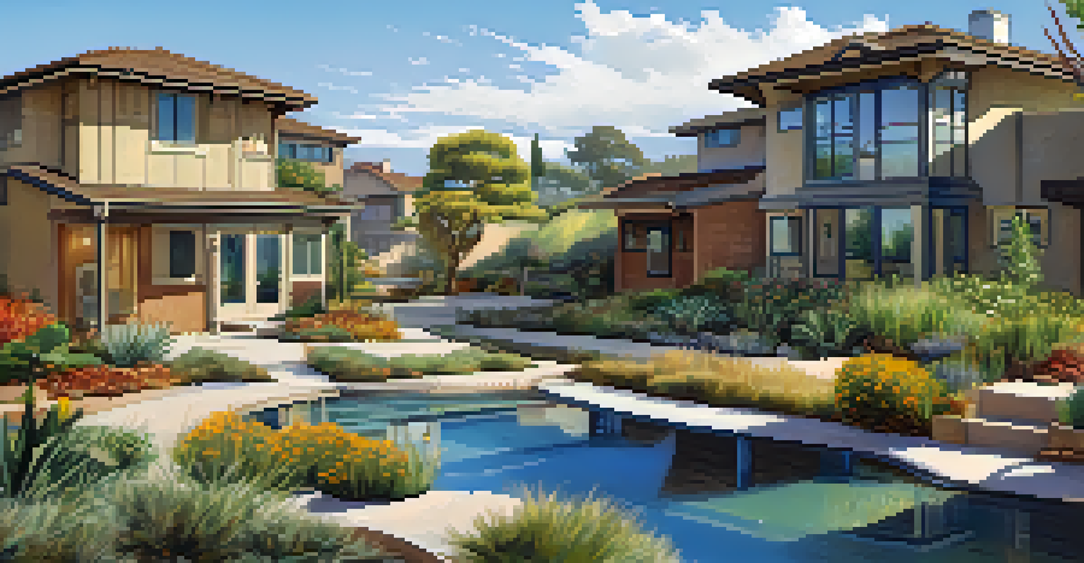 Residential area in San Jose showcasing innovative water management techniques and drought-resistant landscaping.