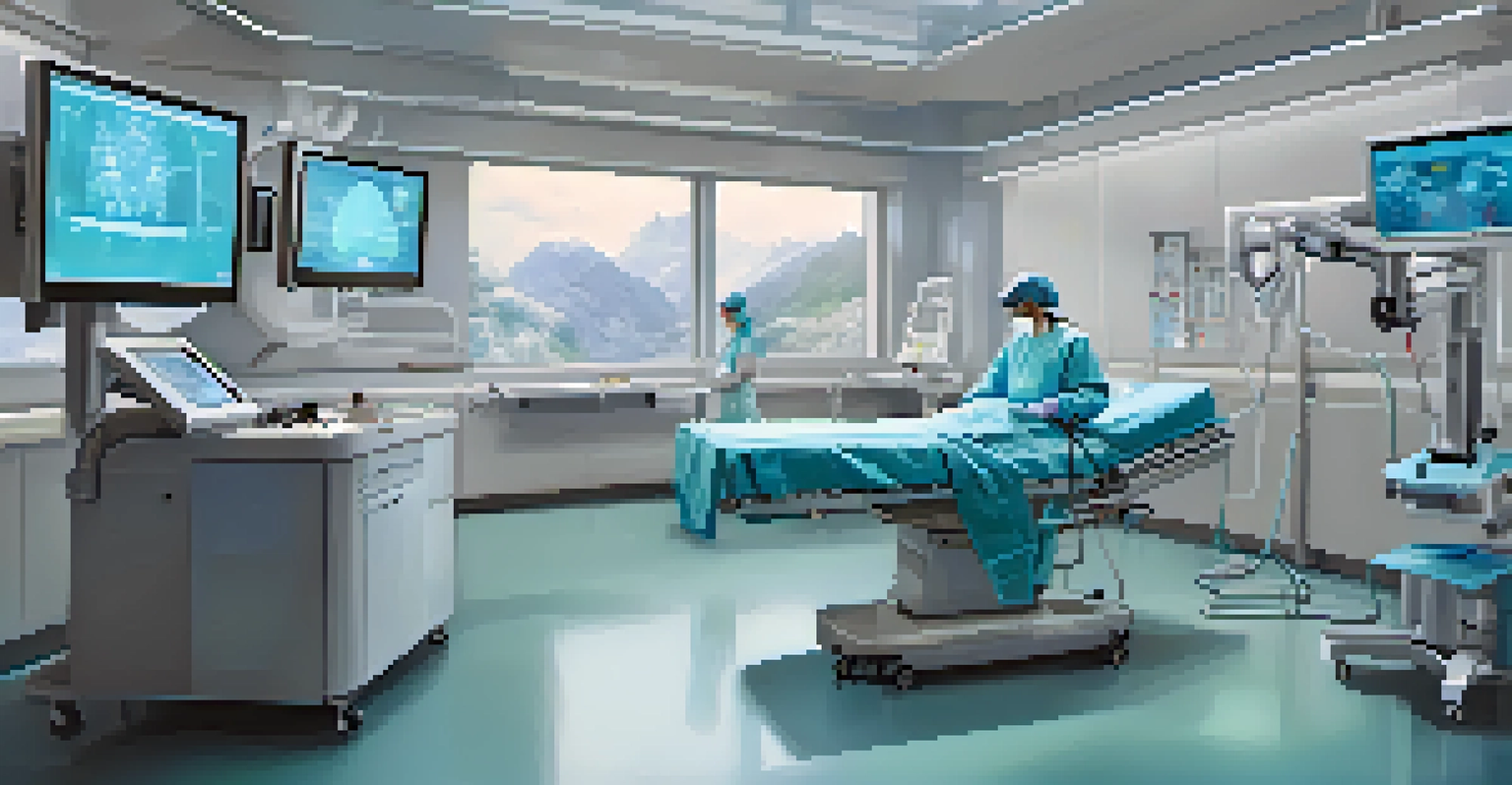 A surgeon operating robotic surgical equipment in a high-tech hospital room.