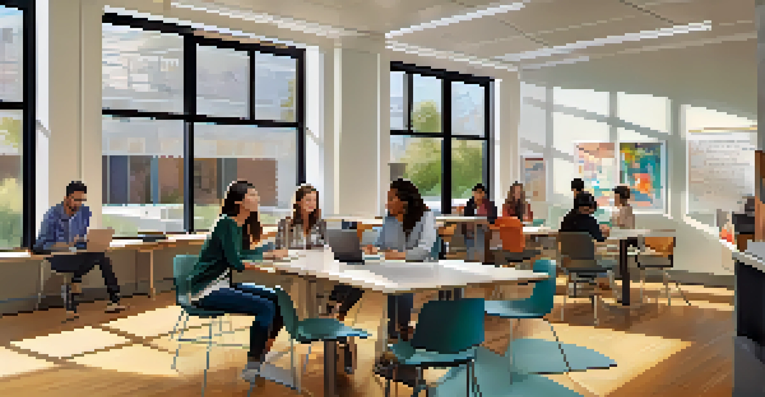 Students collaborating in a well-lit learning space at San Jose State University, surrounded by modern furniture and student art.