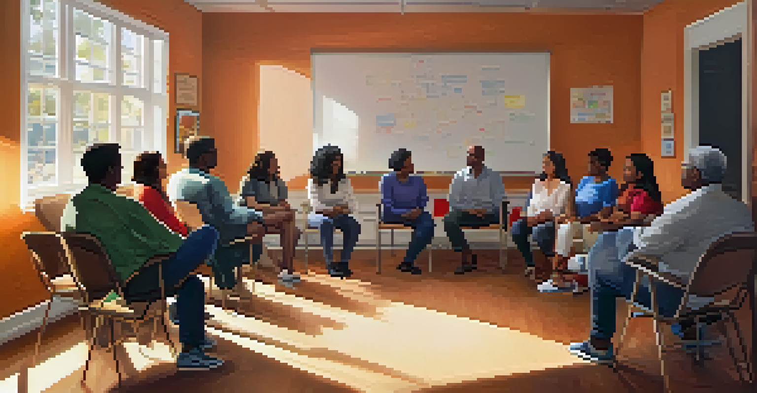 A community support group meeting with immigrants sharing experiences in a cozy room with soft lighting and a whiteboard.