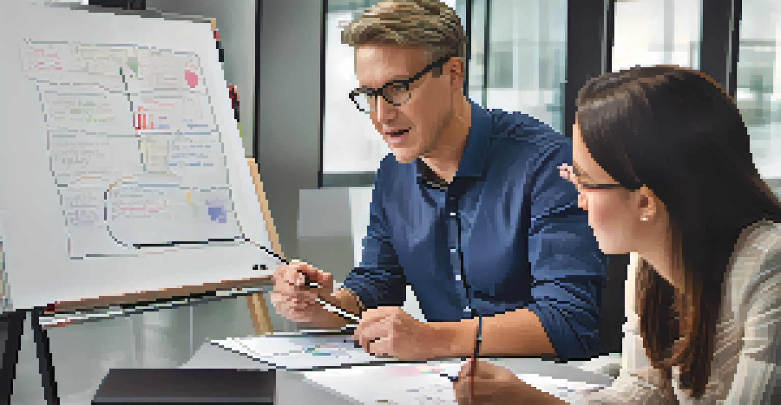 A mentor giving advice to a young entrepreneur in a modern office, with a whiteboard of plans visible behind them.