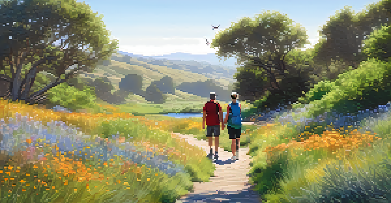 Coyote Creek Trail surrounded by lush greenery and wildflowers, with a couple walking and a birdwatcher nearby, under a clear blue sky.