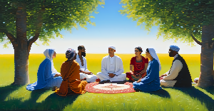 A diverse group of people from different cultures sitting in a circle, engaged in conversation in a sunny outdoor setting.