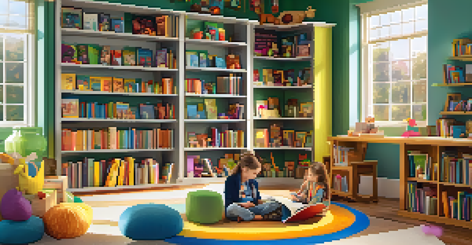 A cozy library corner for children with colorful books, children reading and crafting, and warm lighting creating a welcoming atmosphere.