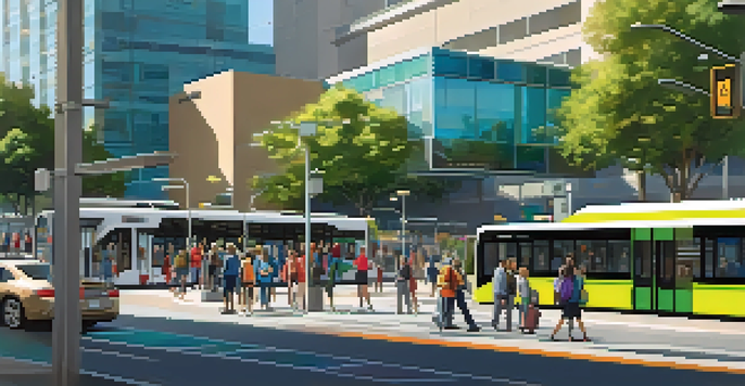 A busy transit hub in San Jose with diverse commuters, electric buses, bike-sharing stations, and green spaces, all under warm lighting.