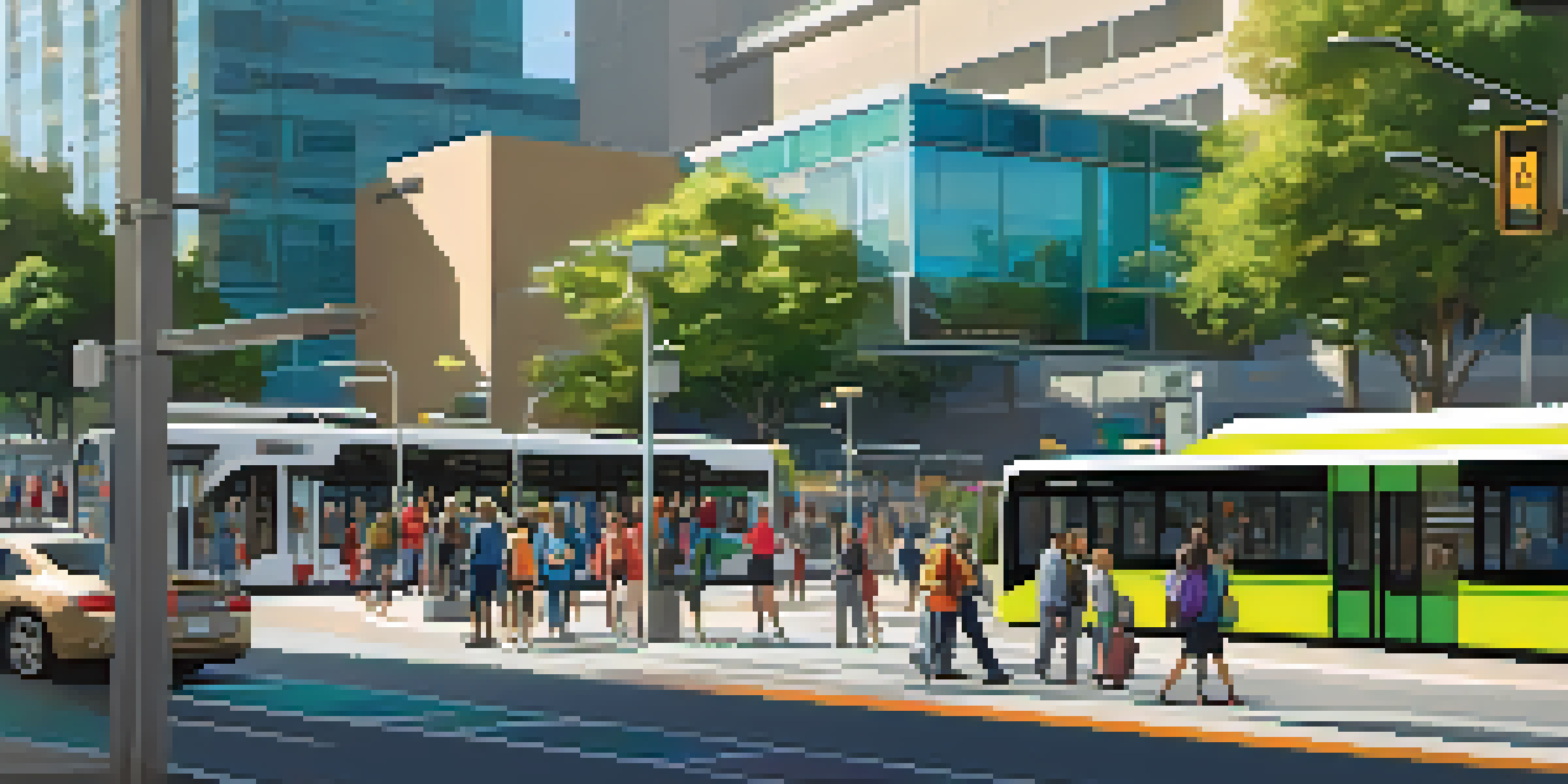 A busy transit hub in San Jose with diverse commuters, electric buses, bike-sharing stations, and green spaces, all under warm lighting.