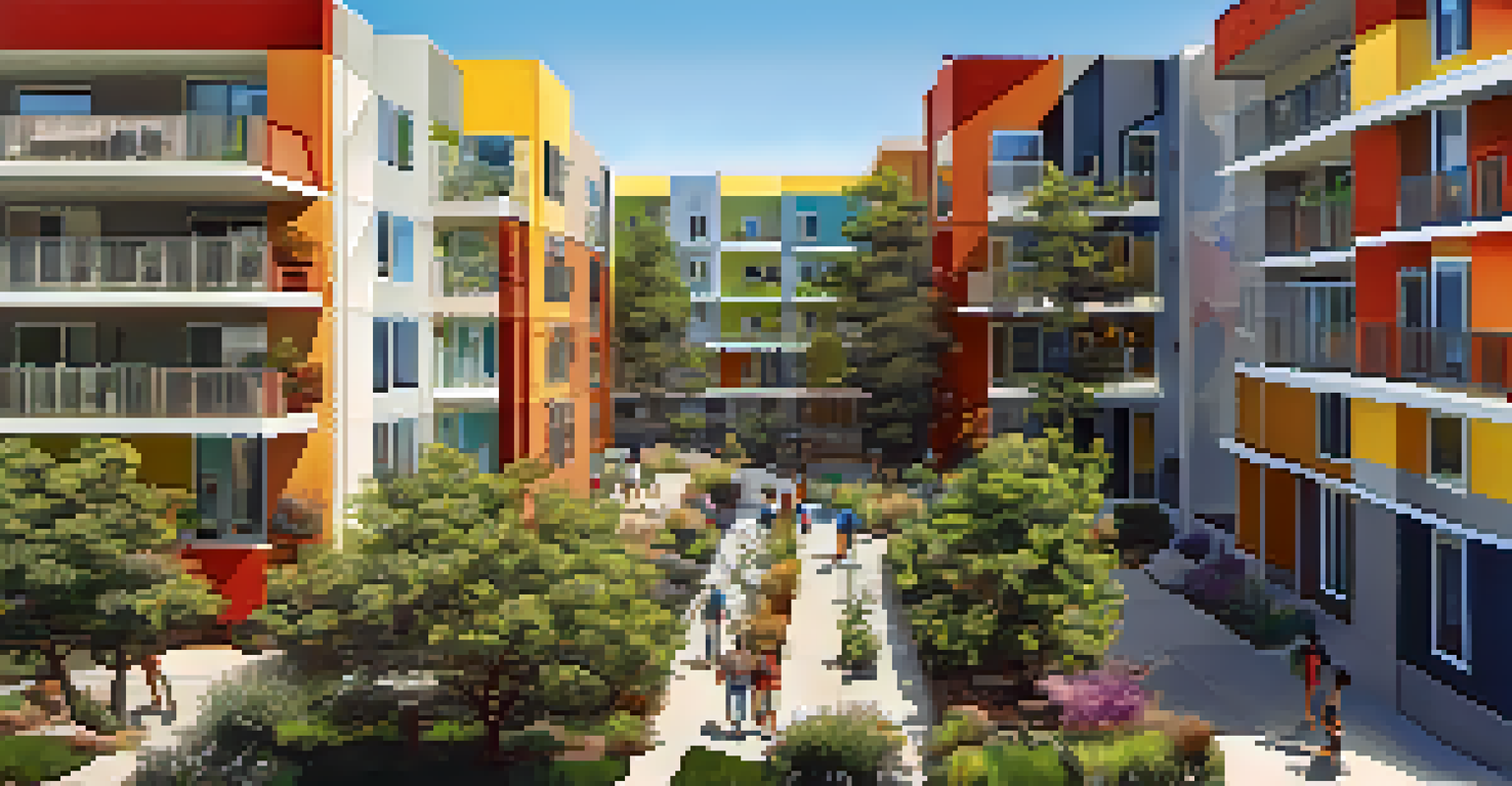 A modern affordable housing complex with residents interacting in a warm, sunny atmosphere.