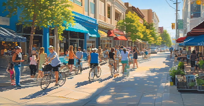 A lively urban scene in San Jose with diverse people walking, biking, and using smartphones, surrounded by colorful shops and trees under a blue sky.