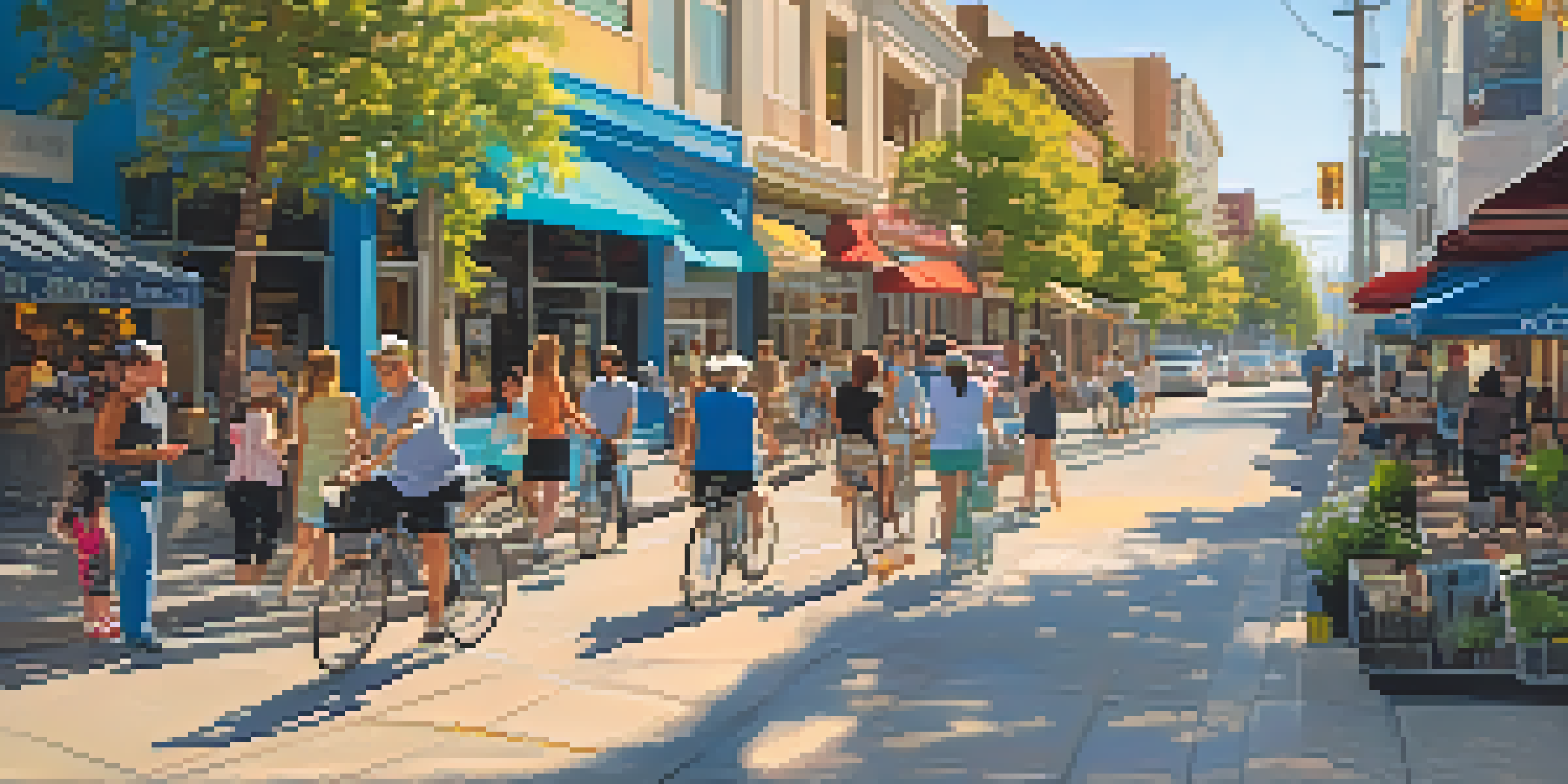A lively urban scene in San Jose with diverse people walking, biking, and using smartphones, surrounded by colorful shops and trees under a blue sky.