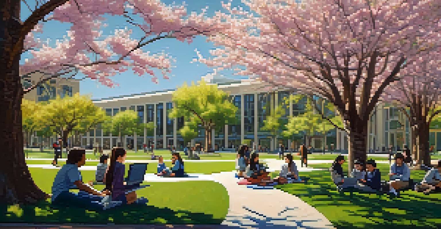 College campus scene at San Jose State University with students under cherry blossom trees.