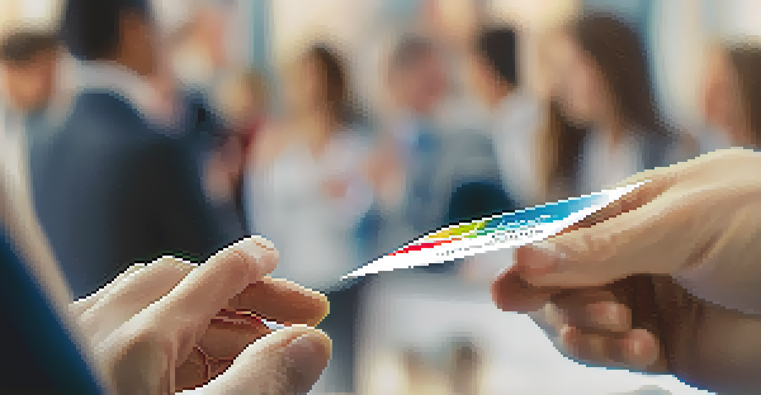 A close-up of a business card being exchanged between two professionals at a networking event, with blurred attendees in the background.