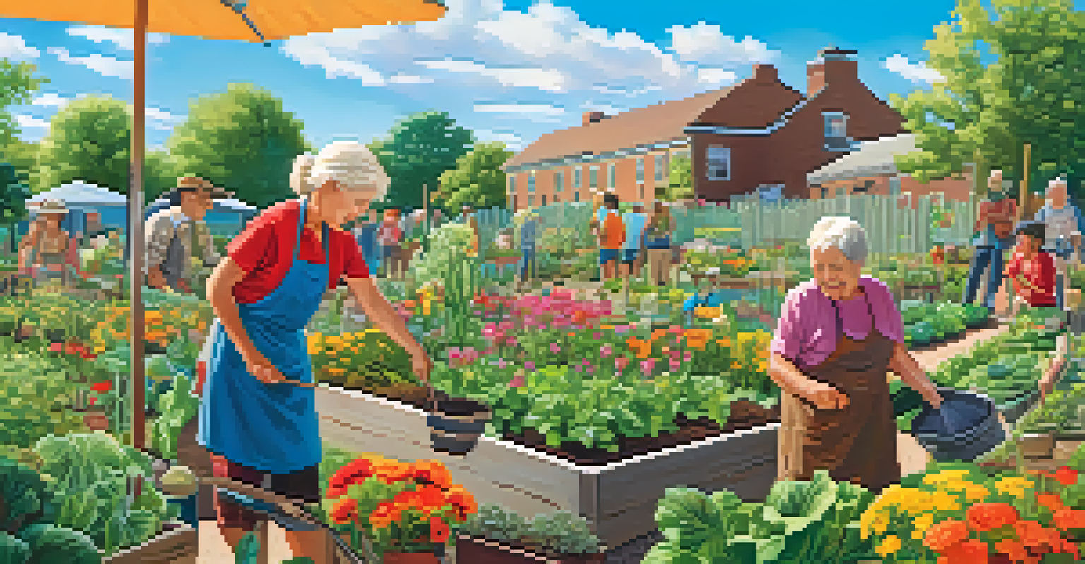 A community garden scene with people of different ages working together to plant and care for flowers and vegetables.
