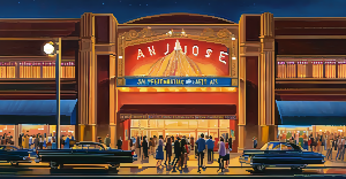 A colorful nighttime view of the San Jose Center for the Performing Arts, bustling with people in formal attire and illuminated by street lamps and a marquee sign.