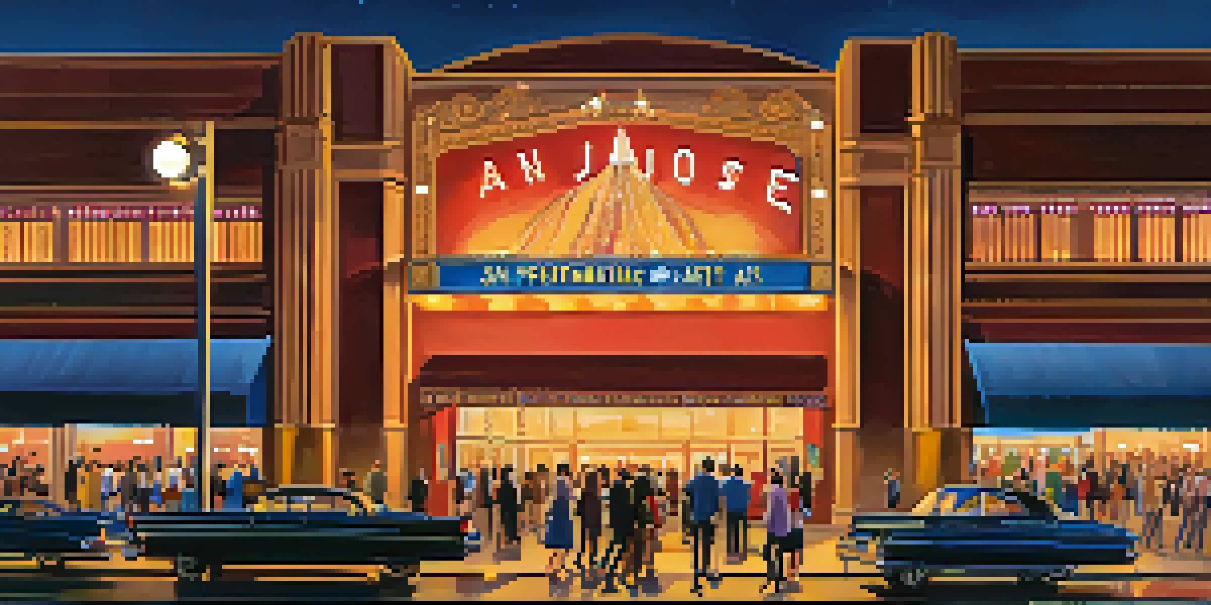 A colorful nighttime view of the San Jose Center for the Performing Arts, bustling with people in formal attire and illuminated by street lamps and a marquee sign.