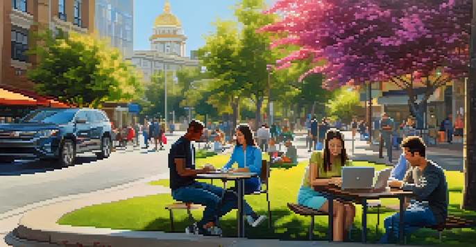 A diverse group of adults engaged in online learning in a sunny San Jose street, with laptops and tablets in a coffee shop and park.