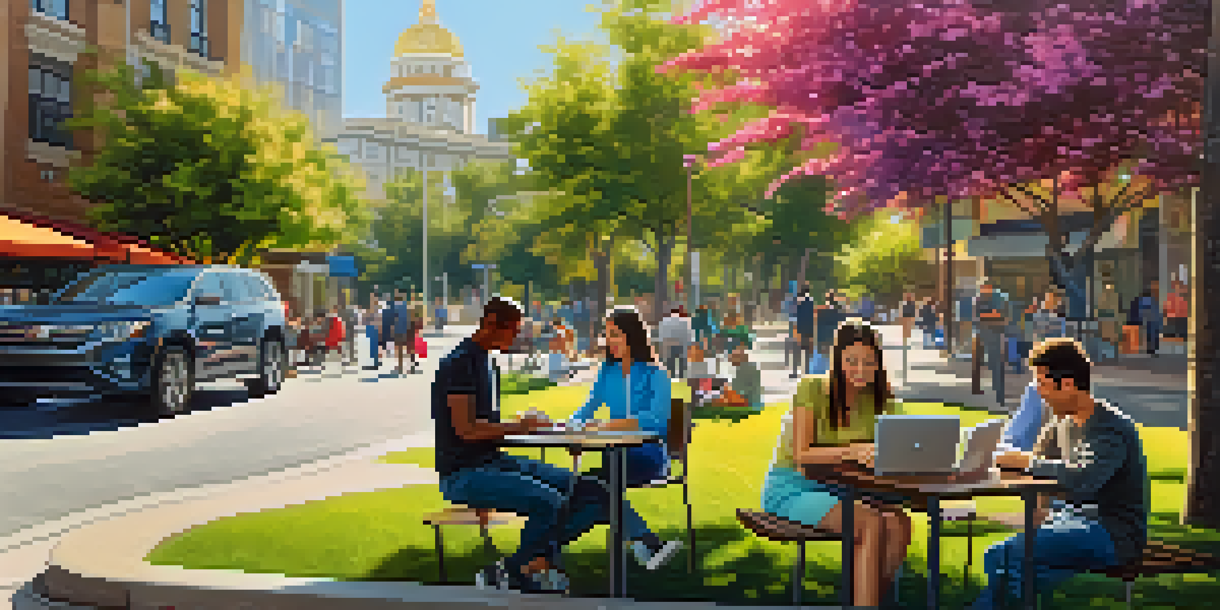 A diverse group of adults engaged in online learning in a sunny San Jose street, with laptops and tablets in a coffee shop and park.