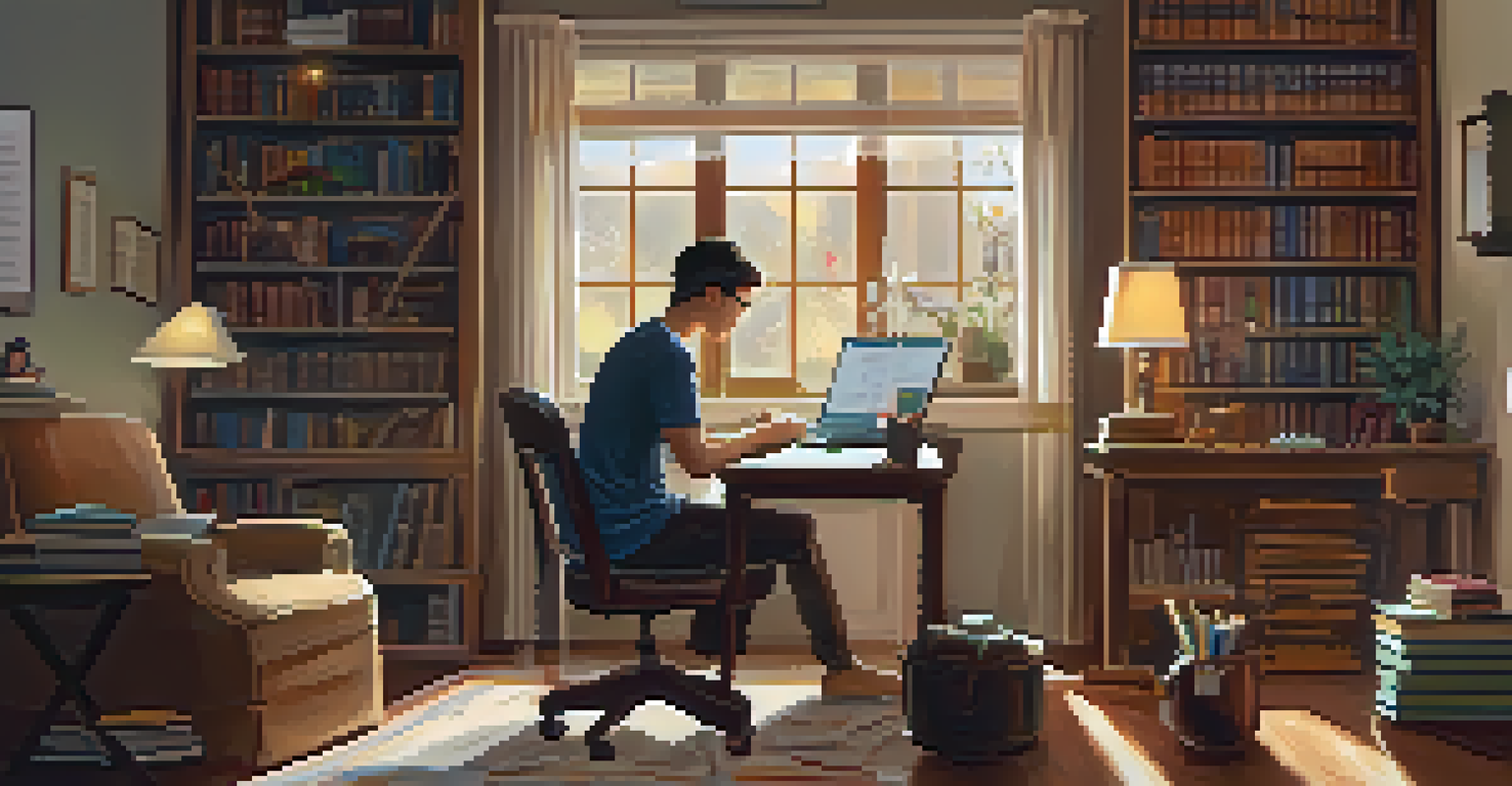 An adult learner studying at home, surrounded by books and a laptop, in a cozy and inviting atmosphere.