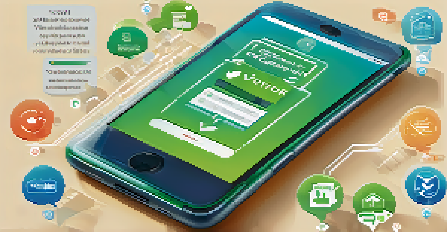 A smartphone displaying a voting app interface, surrounded by icons for social media and online registration, on a blue-green gradient background.