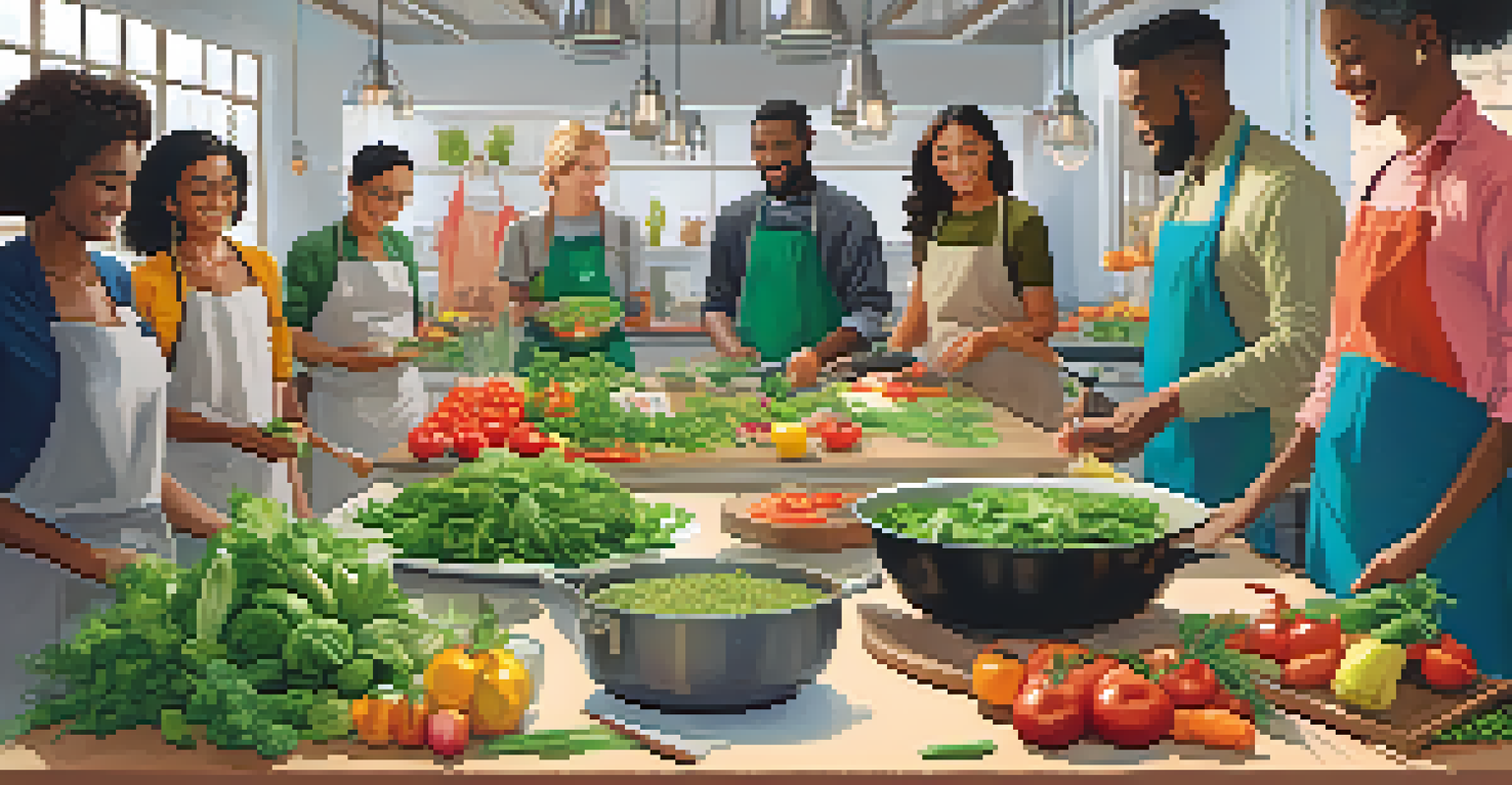 A cooking workshop in a kitchen with participants preparing plant-based meals, surrounded by fresh vegetables and herbs.