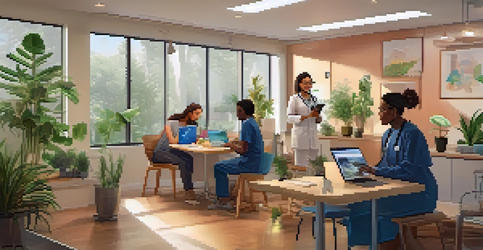 A diverse group of patients engaged in telemedicine consultations using smartphones and laptops, in a bright and inviting home setting.