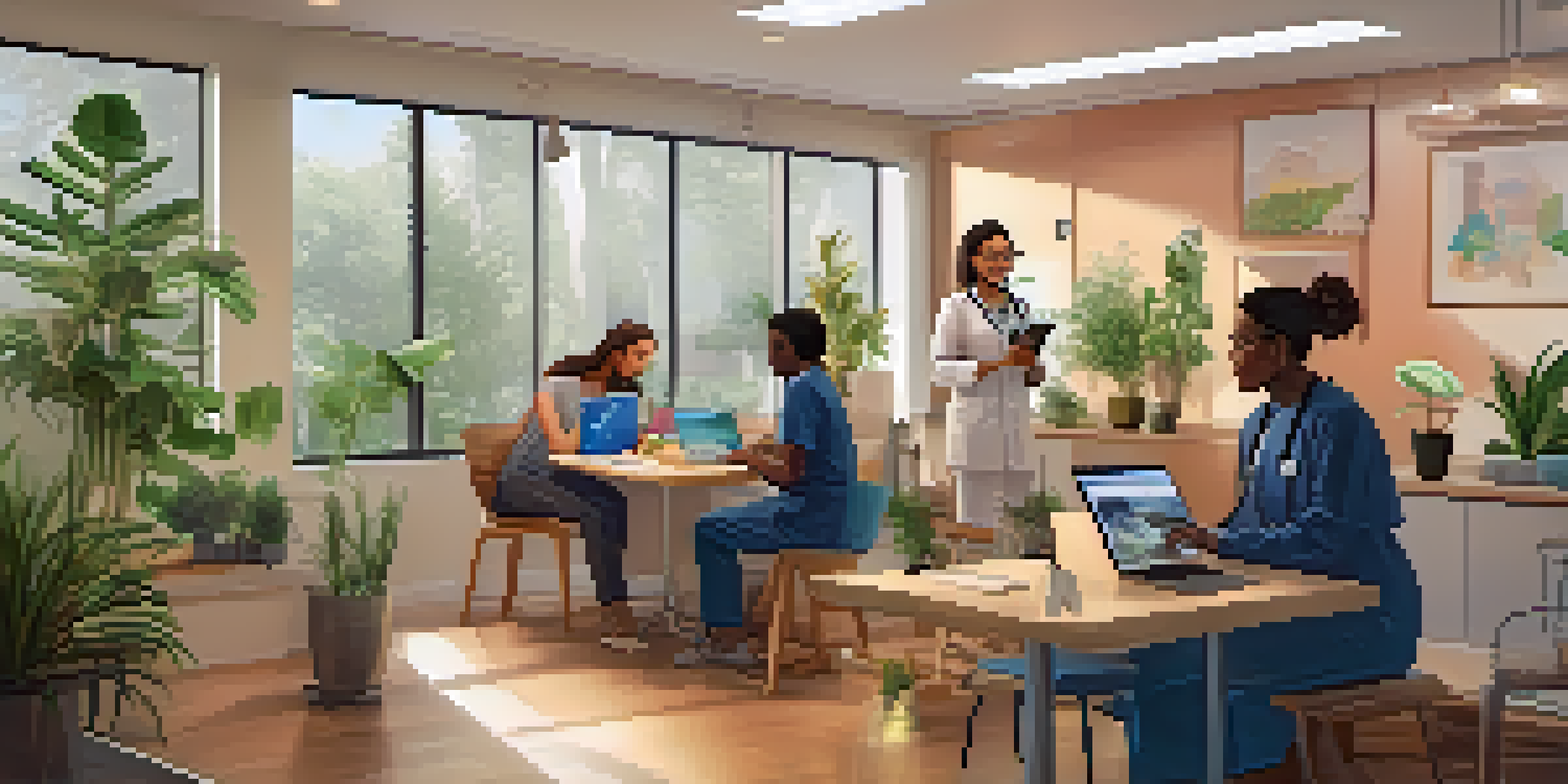 A diverse group of patients engaged in telemedicine consultations using smartphones and laptops, in a bright and inviting home setting.