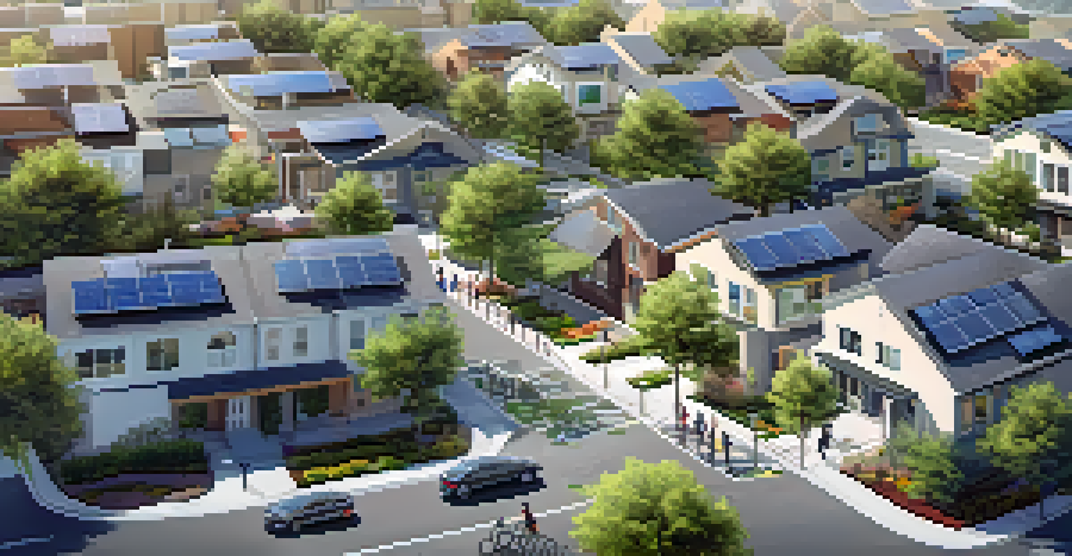 Aerial view of a sustainable neighborhood in San Jose with solar panels and bike lanes.