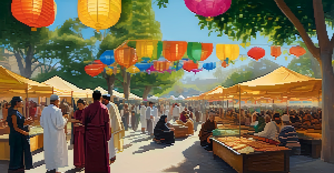 A lively festival scene with people of different faiths celebrating together under colorful banners, surrounded by food stalls and trees.