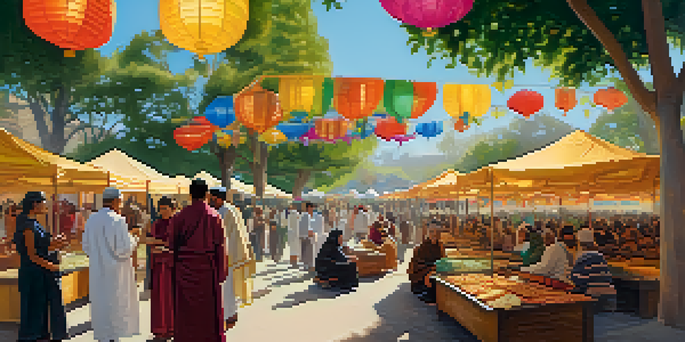 A lively festival scene with people of different faiths celebrating together under colorful banners, surrounded by food stalls and trees.