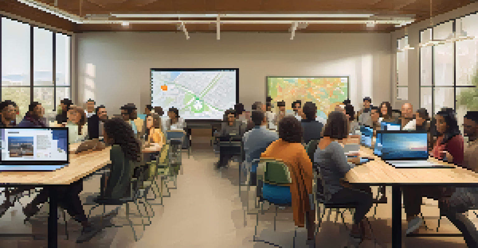 A community meeting in San Jose with residents discussing local projects using technology.