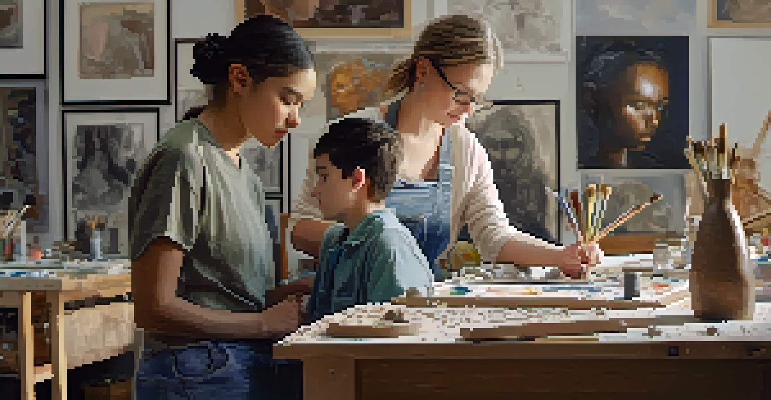 A teacher helping a student sculpt in an art studio, surrounded by artworks and art supplies, with soft natural lighting.