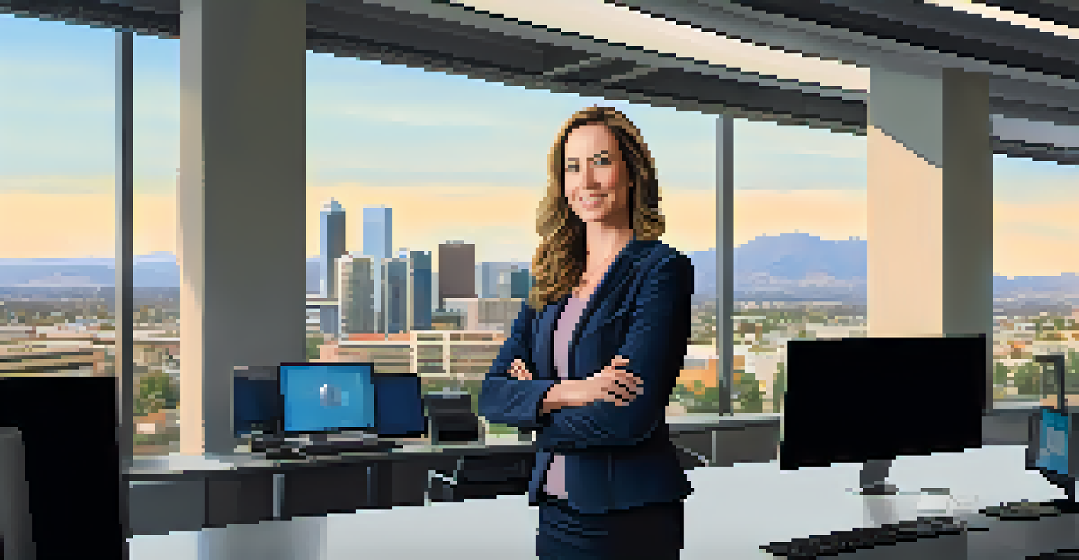 A confident female tech entrepreneur in a modern office with a view of San Jose's skyline, showcasing determination.