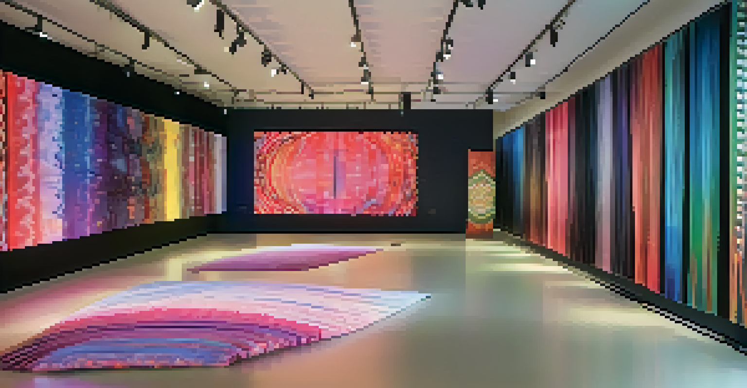 A dark room featuring a textile art installation and a digital screen displaying interactive visuals, illuminated by soft colorful lights.