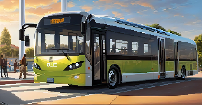 A modern electric bus charging at a station, with solar panels in the background and commuters around, highlighting eco-friendly transportation.