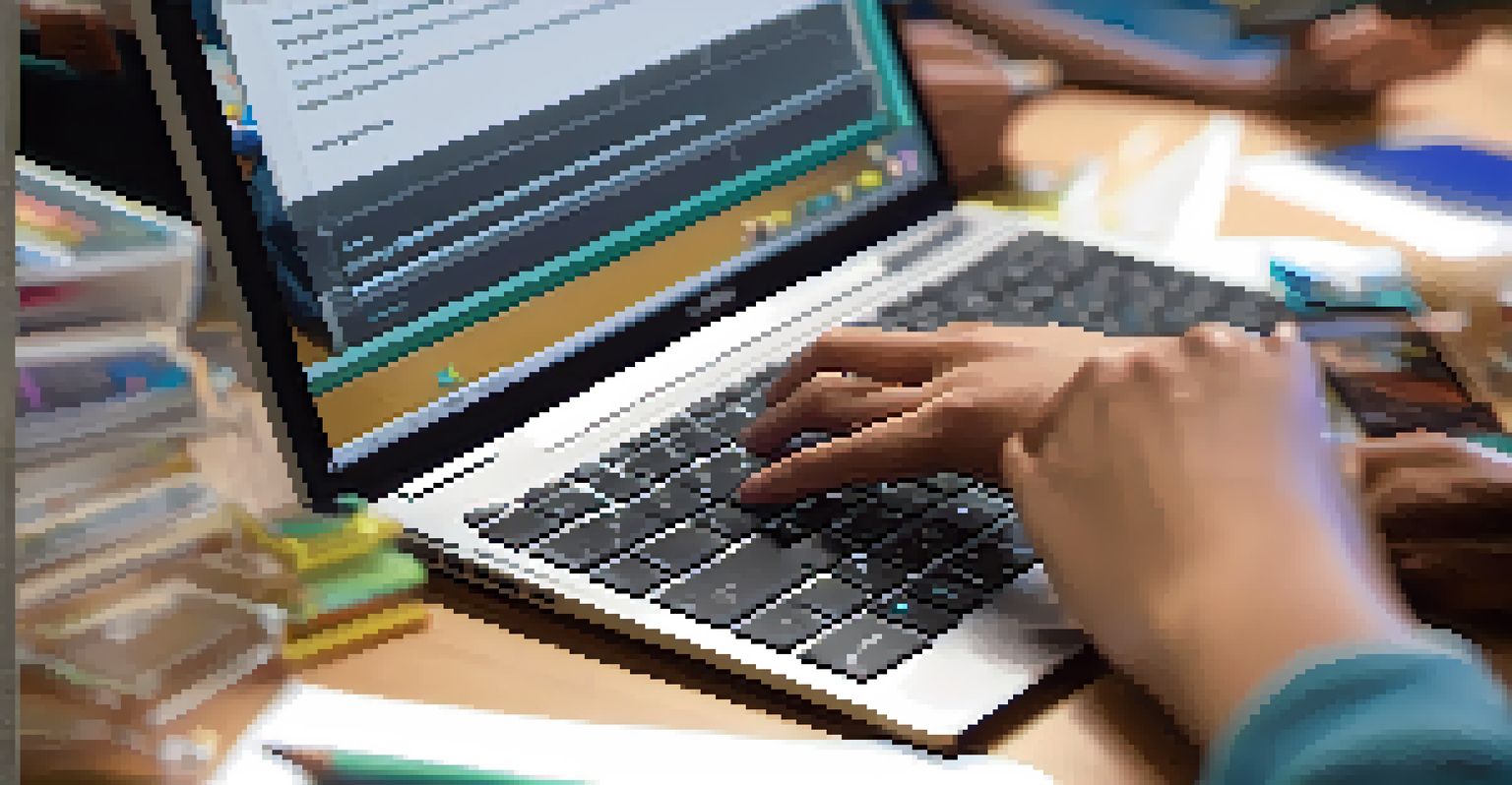A close-up of a student's hands on a laptop, showcasing educational apps, with a blurred classroom background.