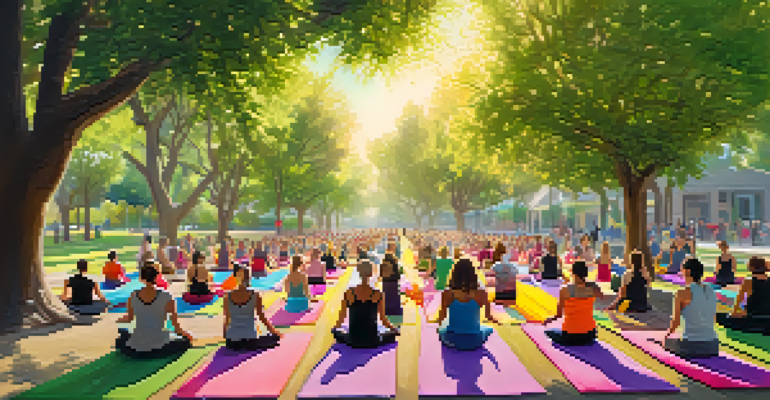 Participants of different ages practicing yoga outdoors in a sunny San Jose park, surrounded by flowers and trees.