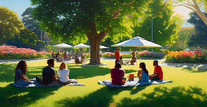 A diverse group of people sitting in a park, talking and enjoying the sunny day amidst blooming flowers and trees.